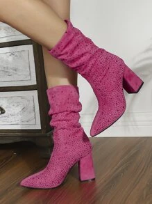 Rhinestone Decor Faux Suede Point Toe Chunky Heeled Slouchy Boots - Hot Pink - View 2