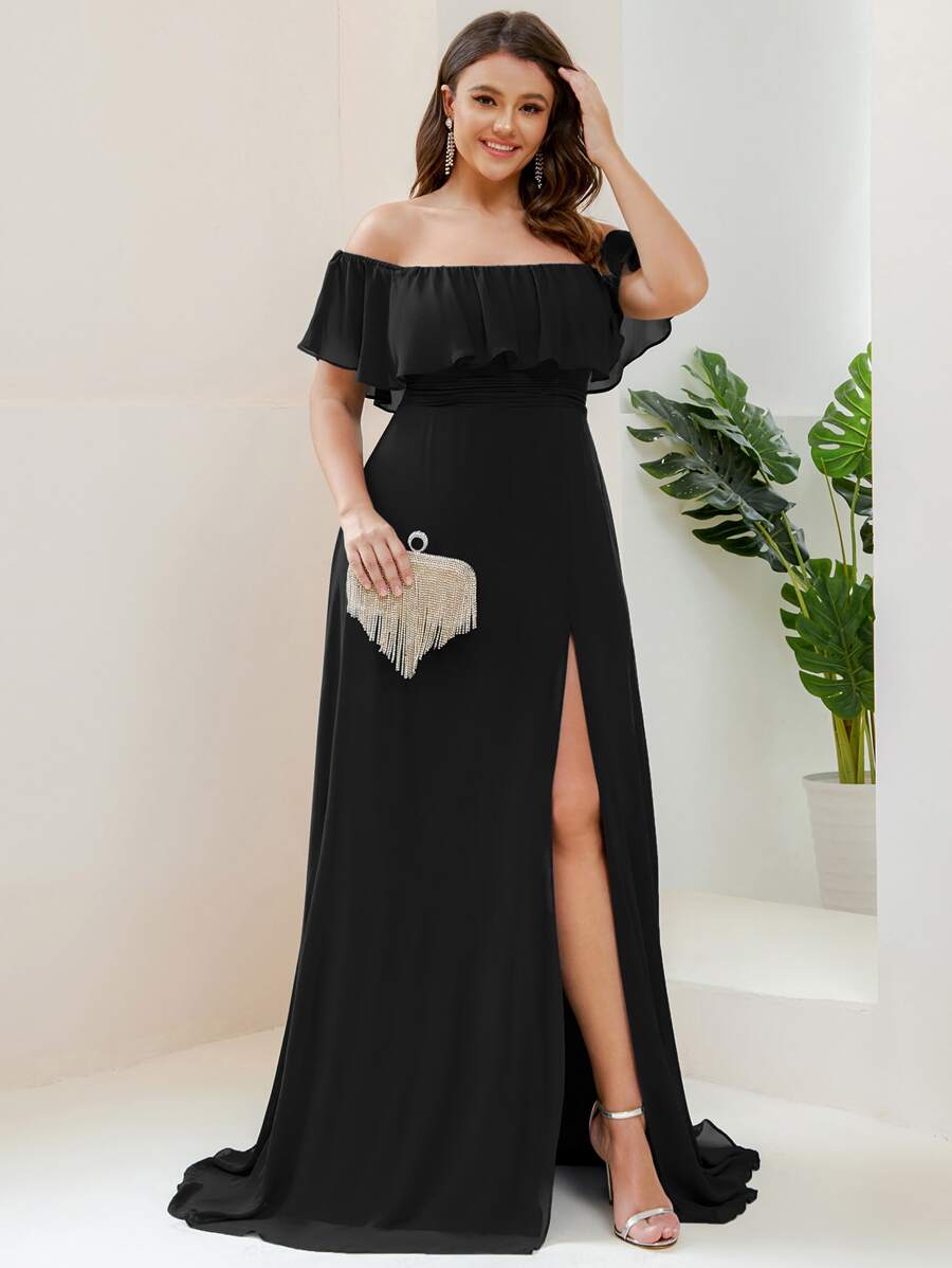EVERPRETTY Plus Size Elegant Solid Color Off Shoulder Split Bridesmaid Dress - Black - View 1