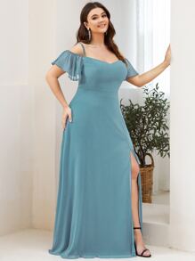 EVERPRETTY Đầm phù dâu cỡ lớn, thanh lịch, lãng mạn, quyến rũ, hở vai, phù hợp cho khách mời đám cưới mùa thu. - Màu xanh Cadet - Xem 6