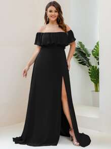 EVERPRETTY Plus Size Elegant Solid Color Off Shoulder Split Bridesmaid Dress - Black - View 4