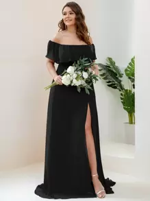 EVERPRETTY Plus Size Elegant Solid Color Off Shoulder Split Bridesmaid Dress - Black - View 5