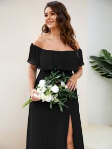 EVERPRETTY Plus Size Elegant Solid Color Off Shoulder Split Bridesmaid Dress - Black - View 6