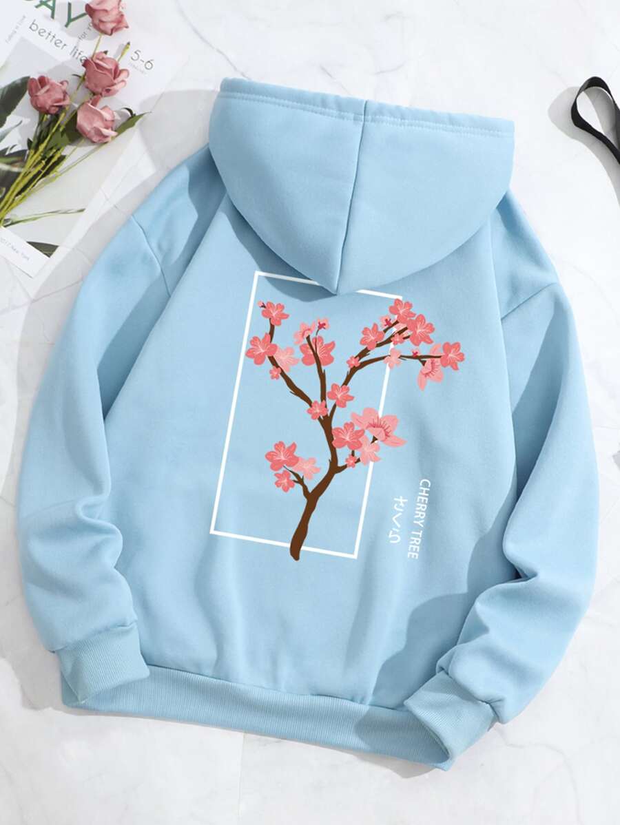 SHEIN EZwear Quần áo thể thao nữ Dây kéo Túi Hoa Lá thư Giải trí - Màu xanh nhạt - Xem 1