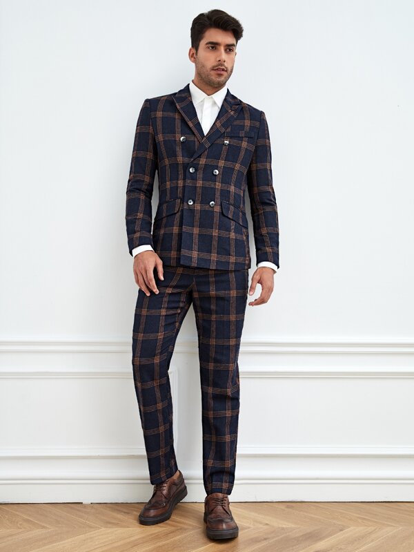 SHEIN Men Plaid Double Breasted Flap Detail Blazer & Suit Pants Set