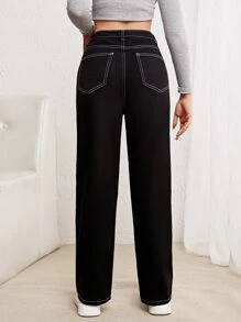 SHEIN 青少年女孩頂針直筒牛仔褲 - 黑色 - 查看 2