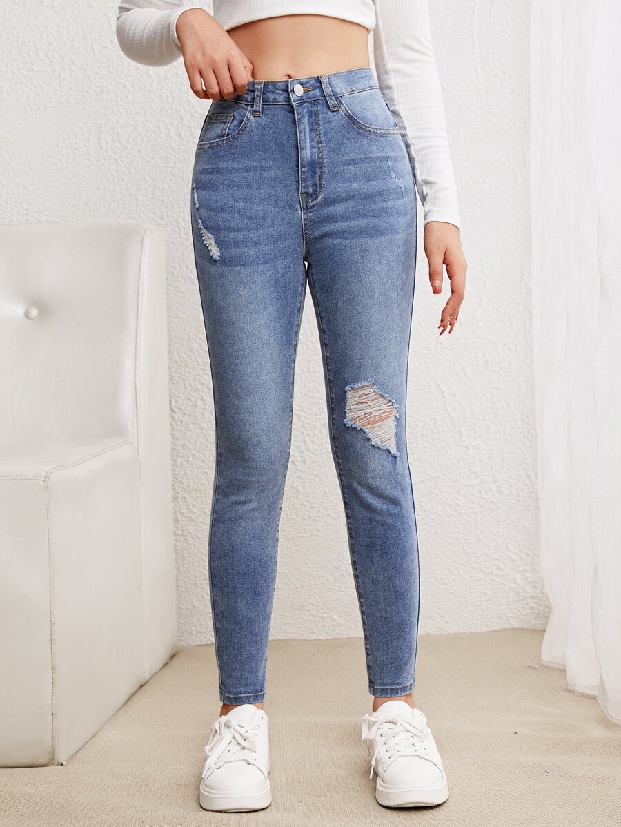 SHEIN Jeans rasgados con bolsillos inclinados para adolescente - Lavado ligero - Ver 1