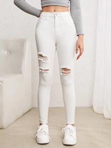 SHEIN Teen Girl Ripped Jeans - White - View 1