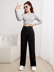 SHEIN 青少年女孩頂針直筒牛仔褲 - 黑色 - 查看 4