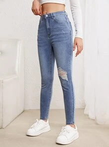 SHEIN Jeans rasgados con bolsillos inclinados para adolescente - Lavado ligero - Ver 3