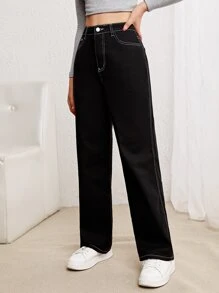 SHEIN 青少年女孩頂針直筒牛仔褲 - 黑色 - 查看 5