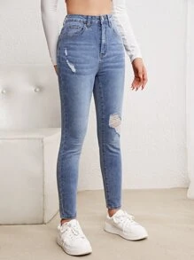 SHEIN Jeans rasgados con bolsillos inclinados para adolescente - Lavado ligero - Ver 4