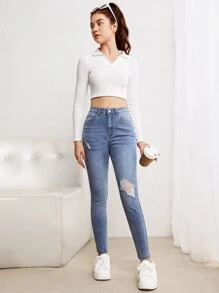 SHEIN Jeans rasgados con bolsillos inclinados para adolescente - Lavado ligero - Ver 5