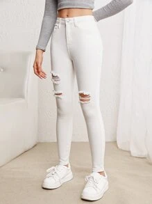 SHEIN Teen Girl Ripped Jeans - White - View 5