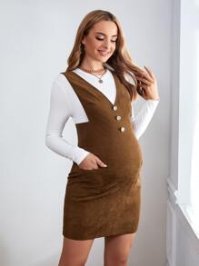 SHEIN Maternity Solid Tee & Pocket Patched Pinafore Dress - Brown - View 1