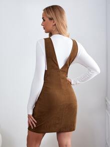 SHEIN Maternity Solid Tee & Pocket Patched Pinafore Dress - Brown - View 2