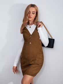 SHEIN Maternity Solid Tee & Pocket Patched Pinafore Dress - Brown - View 3