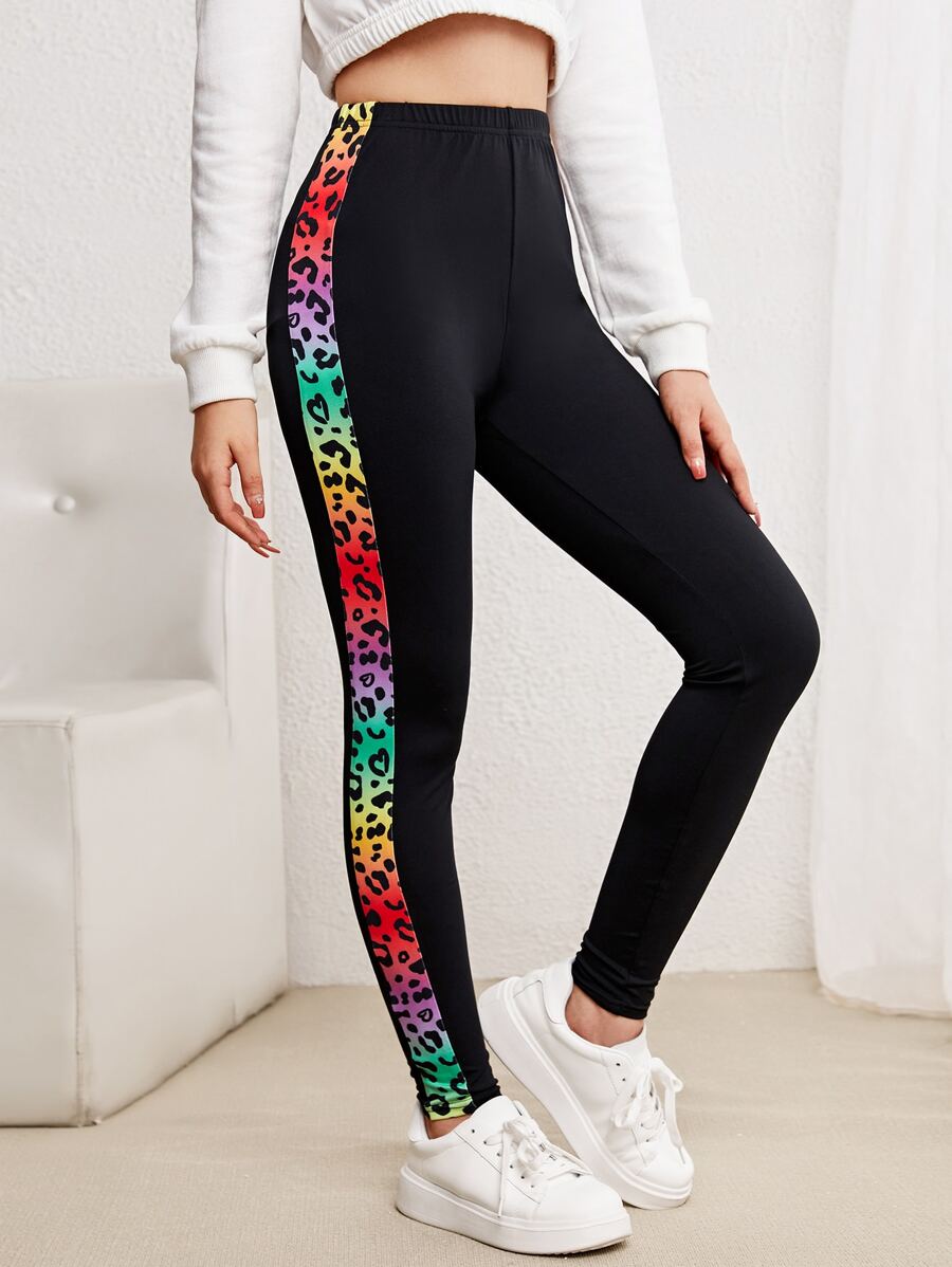 SHEIN Leap Crew Teen Girls Contrast Leopard Print Leggings - Black - View 1