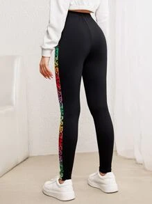 SHEIN Leap Crew Teen Girls Contrast Leopard Print Leggings - Black - View 2