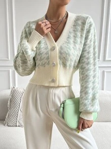 SHEIN Essnce Cárdigan con patrón de pata de gallo de manga farol - Verde - Ver 1