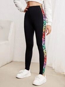 SHEIN Leap Crew Teen Girls Contrast Leopard Print Leggings - Black - View 4