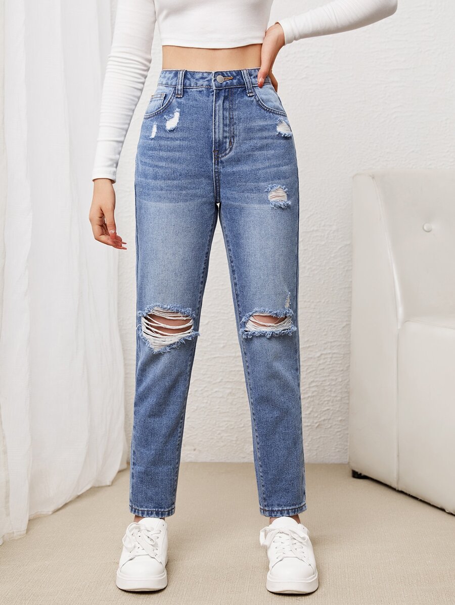 SHEIN Teen Girls Ripped Mom Fit Jeans - Medium Wash - View 1