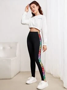 SHEIN Leap Crew Teen Girls Contrast Leopard Print Leggings - Black - View 5