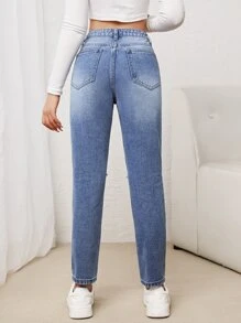 SHEIN Teen Girls Ripped Mom Fit Jeans - Medium Wash - View 2