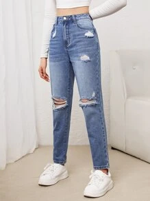 SHEIN Teen Girls Ripped Mom Fit Jeans - Medium Wash - View 3