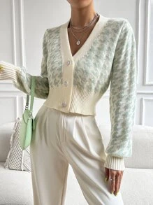 SHEIN Essnce Cárdigan con patrón de pata de gallo de manga farol - Verde - Ver 3