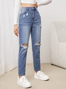 SHEIN Teen Girls Ripped Mom Fit Jeans - Medium Wash - View 4