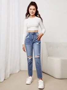 SHEIN Teen Girls Ripped Mom Fit Jeans - Medium Wash - View 5