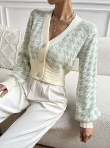 SHEIN Essnce Cárdigan con patrón de pata de gallo de manga farol - Verde - Ver 6