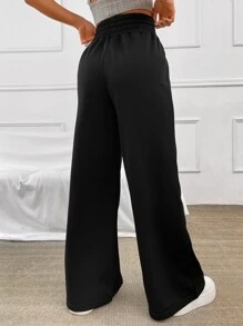 SHEIN EZwear 素色腰部抽繩衛褲 - 黑色 - 查看 2