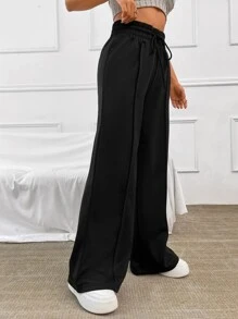 SHEIN EZwear 素色腰部抽繩衛褲 - 黑色 - 查看 3