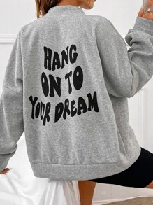 SHEIN EZwear Slogan Graphic Drop Shoulder Bomber Jacket - Grey - View 1