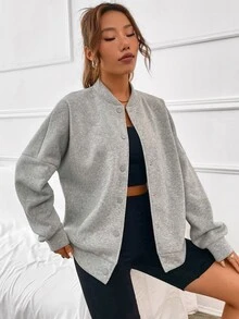 SHEIN EZwear Slogan Graphic Drop Shoulder Bomber Jacket - Grey - View 3