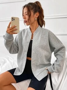 SHEIN EZwear Slogan Graphic Drop Shoulder Bomber Jacket - Grey - View 4