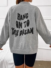 SHEIN EZwear Slogan Graphic Drop Shoulder Bomber Jacket - Grey - View 5