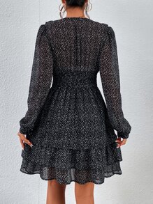 Aveloria Dalmatian Print Lantern Sleeve Layered Hem Dress