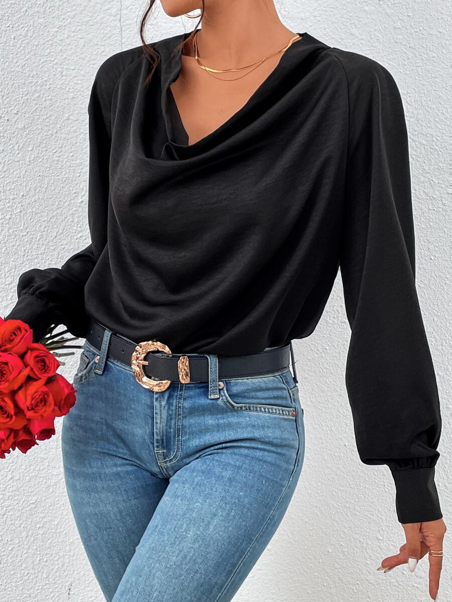 Draped Collar Lantern Sleeve Blouse - Black - View 1