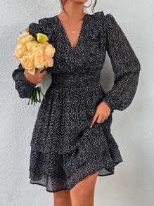 Aveloria Dalmatian Print Lantern Sleeve Layered Hem Dress
