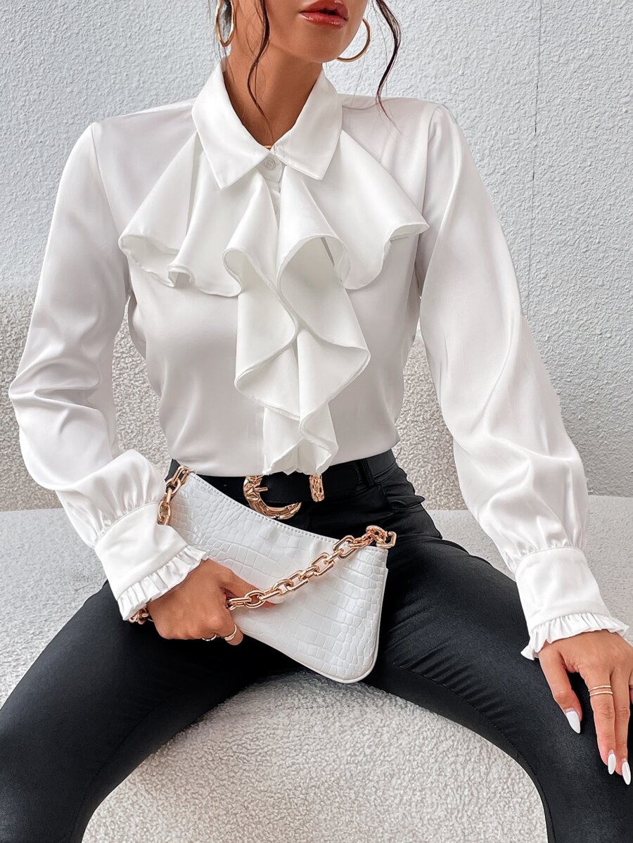 GENKIRA Ruffle Trim Flounce Sleeve Shirt Workwear - White - View 1