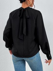 Draped Collar Lantern Sleeve Blouse - Black - View 2