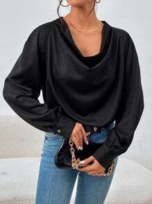 Draped Collar Lantern Sleeve Blouse - Black - View 3