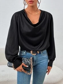 Draped Collar Lantern Sleeve Blouse - Black - View 4