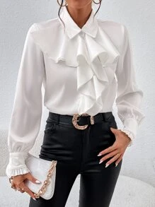 GENKIRA Ruffle Trim Flounce Sleeve Shirt Workwear - White - View 3