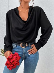 Draped Collar Lantern Sleeve Blouse - Black - View 5