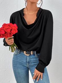 Draped Collar Lantern Sleeve Blouse - Black - View 6