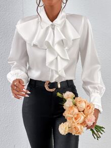GENKIRA Ruffle Trim Flounce Sleeve Shirt Workwear - White - View 5