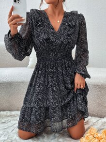 Aveloria Dalmatian Print Lantern Sleeve Layered Hem Dress
